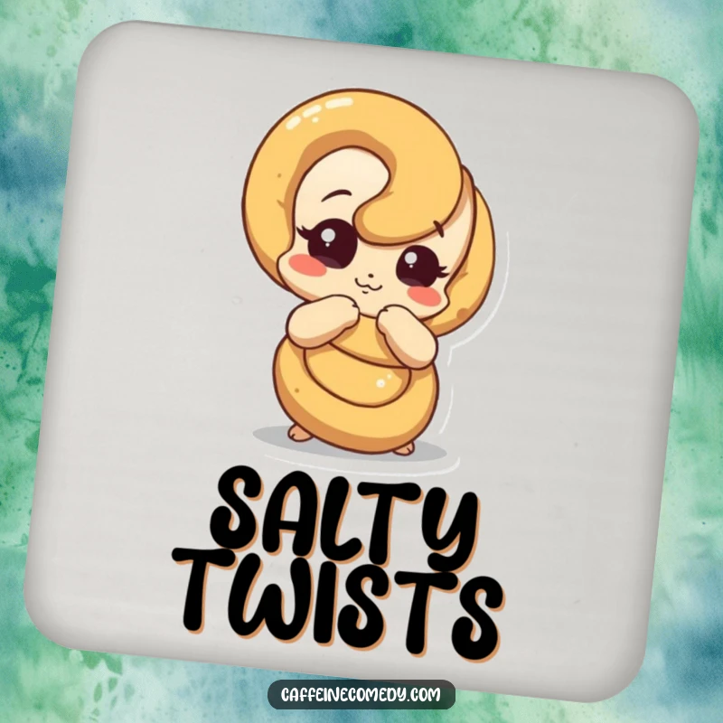 Funny pretzel coasters featuring a pretzel character humorously unraveling, protecting surfaces with quirky style.