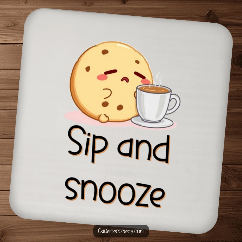 Funny Kawaii Cookie Espresso Coaster: A sleepy cookie character yawns next to espresso, protecting surfaces with morning humor.
