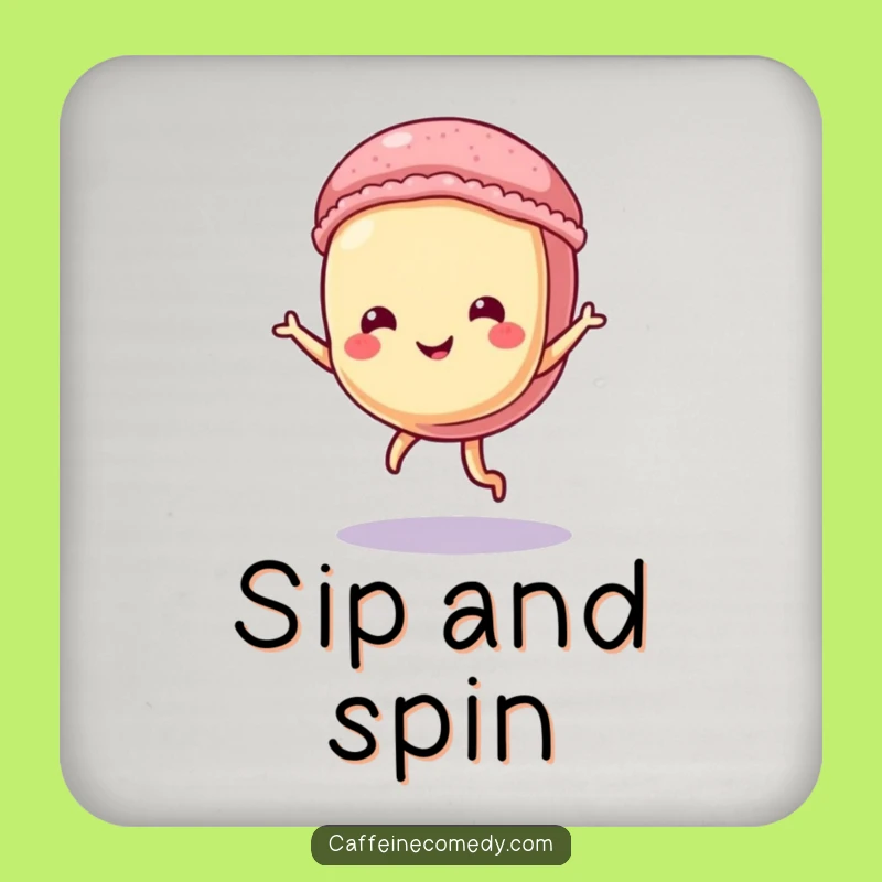 Funny Dancing Macaron Drink Coaster: Playful Pastry Character Doing a Tiny Dance, Bar Gift