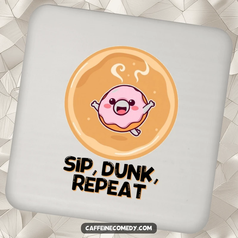 Funny drink coaster with a smiling kawaii donut character leaping into a latte, adding a touch of sweet humor and charm.