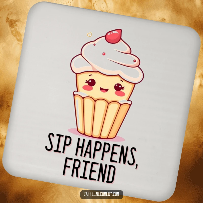 Funny kawaii cupcake character winking from a foamy coffee cup, on a colorful and humorous drink coaster.