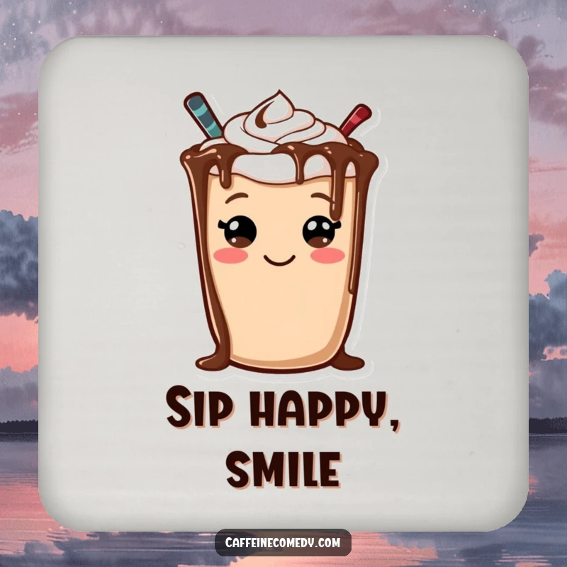 Funny drink coaster featuring a cheerful mocha character with a chocolate drizzle smiley face, adding sweet humor.