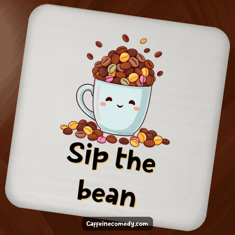 Funny coaster illustration of a mug overflowing with colorful coffee beans, protecting surfaces with coffee-themed flair.