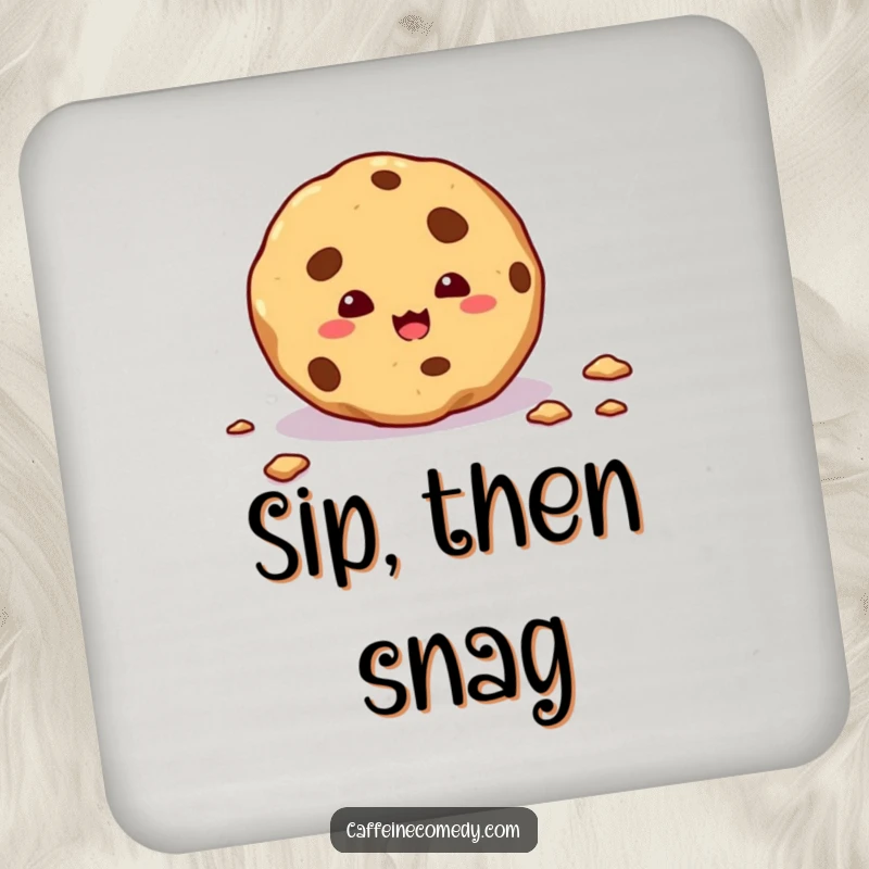 Funny coaster illustration of a mischievous cookie trailing crumbs, protecting surfaces with sweet-themed flair.