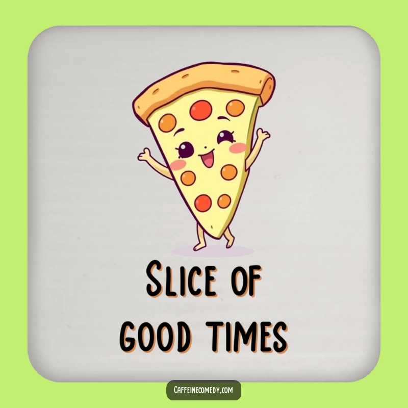 Funny Spinning Pizza Drink Coaster: Gleeful Slice Character Doing a Happy Spin, Bar Accessory