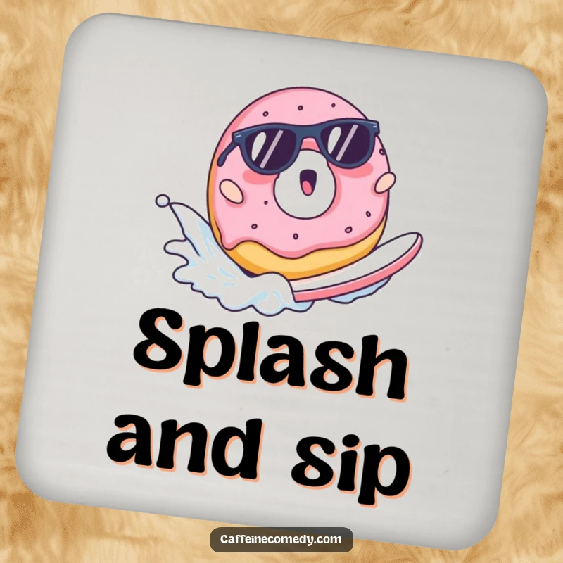 Funny drink coasters featuring a surprised donut in sunglasses surfing a milk wave, stylishly protecting surfaces.