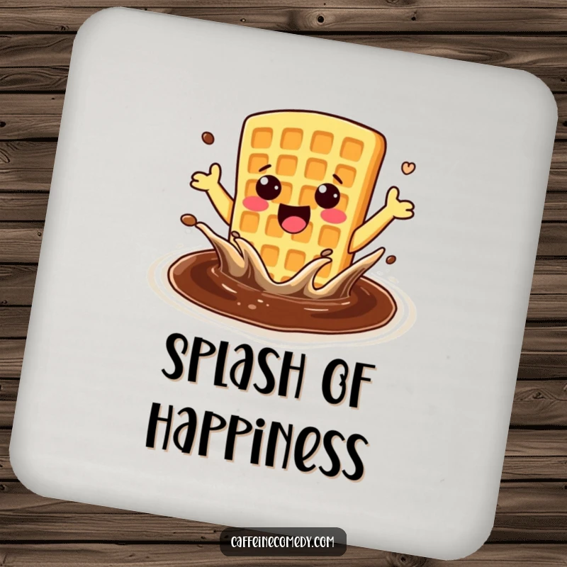 Funny enthusiastic kawaii waffle splashing in coffee, designed as a protective and fun drink coaster.