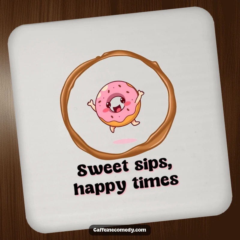 Funny cheerful donut character joyfully leaping through coffee steam, protecting surfaces with sweet and humorous charm.
