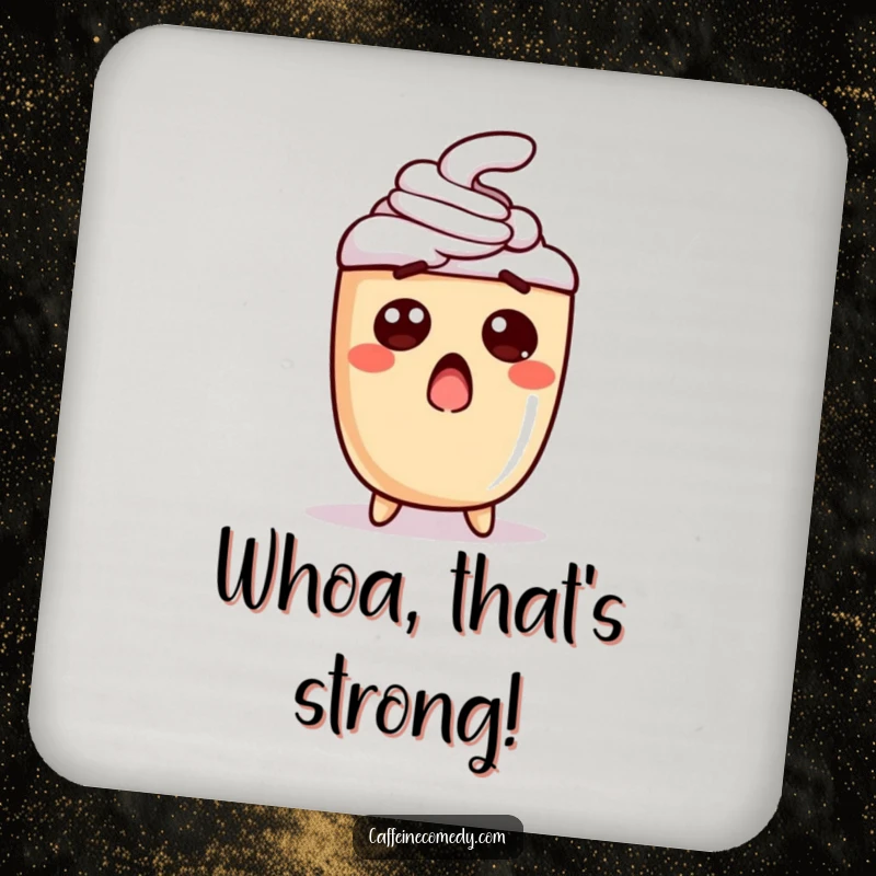 Funny drink coasters featuring a surprised latte character, protecting surfaces with a humorous and coffee-themed design for your beverages.