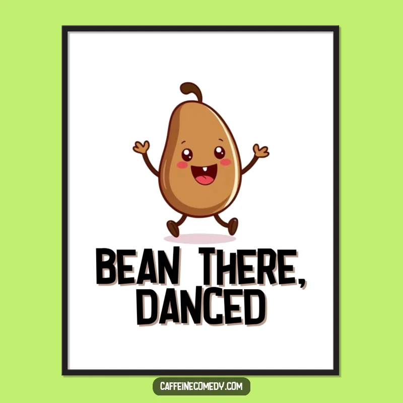 Funny Coffee Bean Jig Poster: Grinning Character Dancing, Energetic Wall Art!