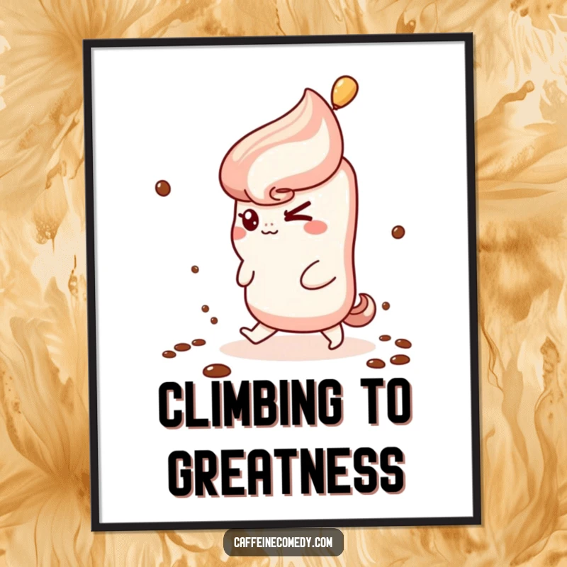 Funny Kawaii Churro Poster: A cute churro winks as it climbs a stream of coffee steam, adding humorous and whimsical art.