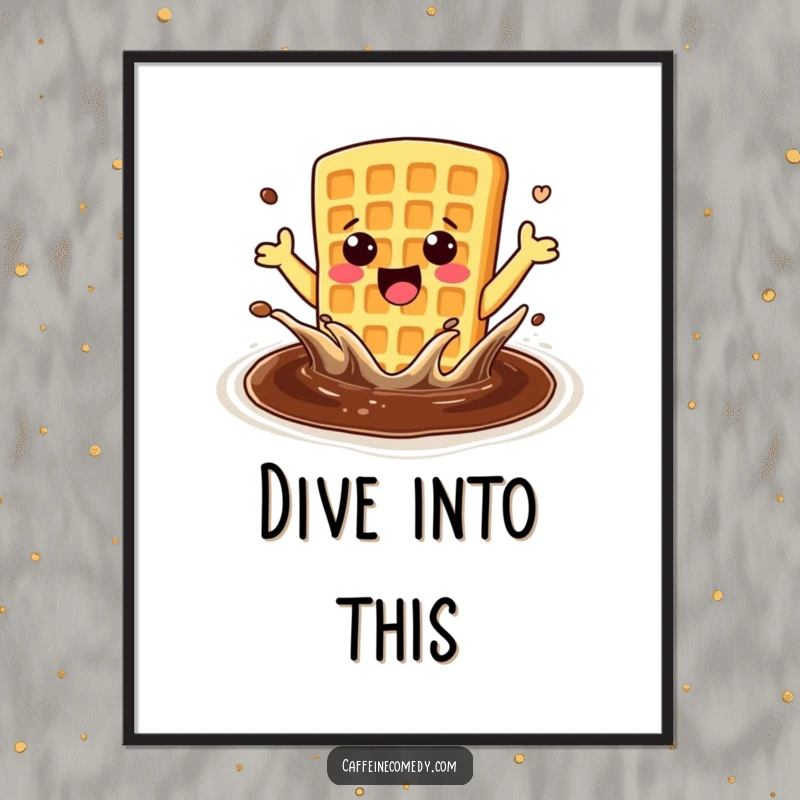 Funny, enthusiastic kawaii waffle joyfully splashing in a coffee pool, presented as vibrant wall art.