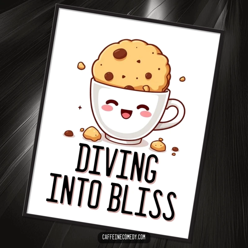 Funny kawaii cookie diving into coffee, charming poster, sweet wall art, humorous decoration.