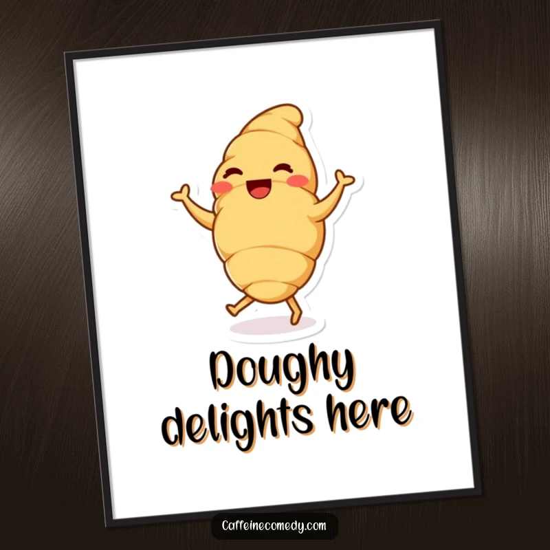 A delighted croissant character doing a happy dance, depicted on a poster for a dose of pure joy.