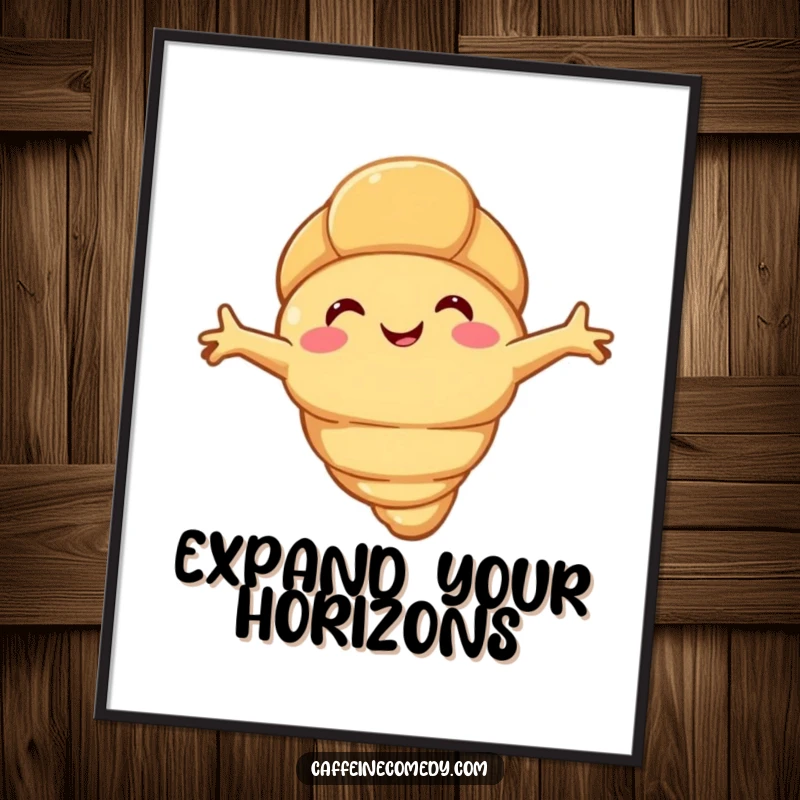 Funny happy croissant character stretching its flaky arms, depicted in a cozy digital art poster for humorous wall decoration.