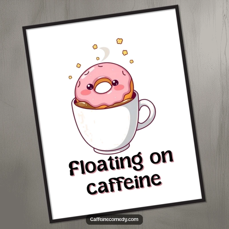Funny kawaii smiling doughnut floating in coffee, whimsical poster, sweet wall art, humorous decoration.