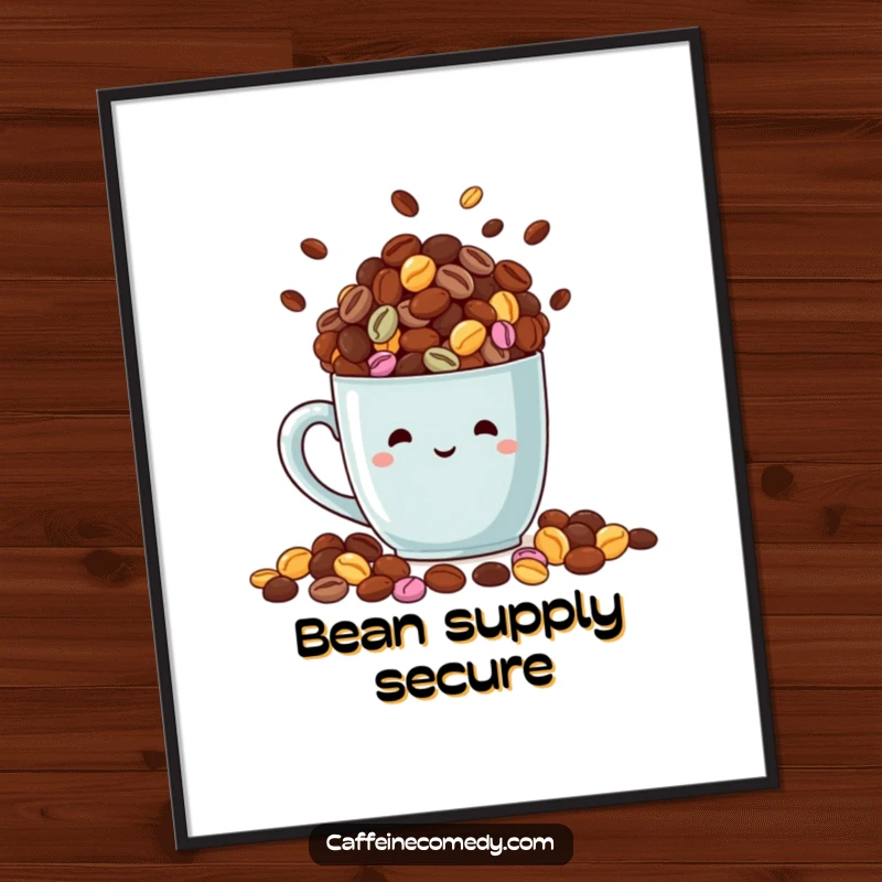 Funny poster art of a beaming mug filled with colorful coffee beans, creating a warm and inviting coffee-themed display.