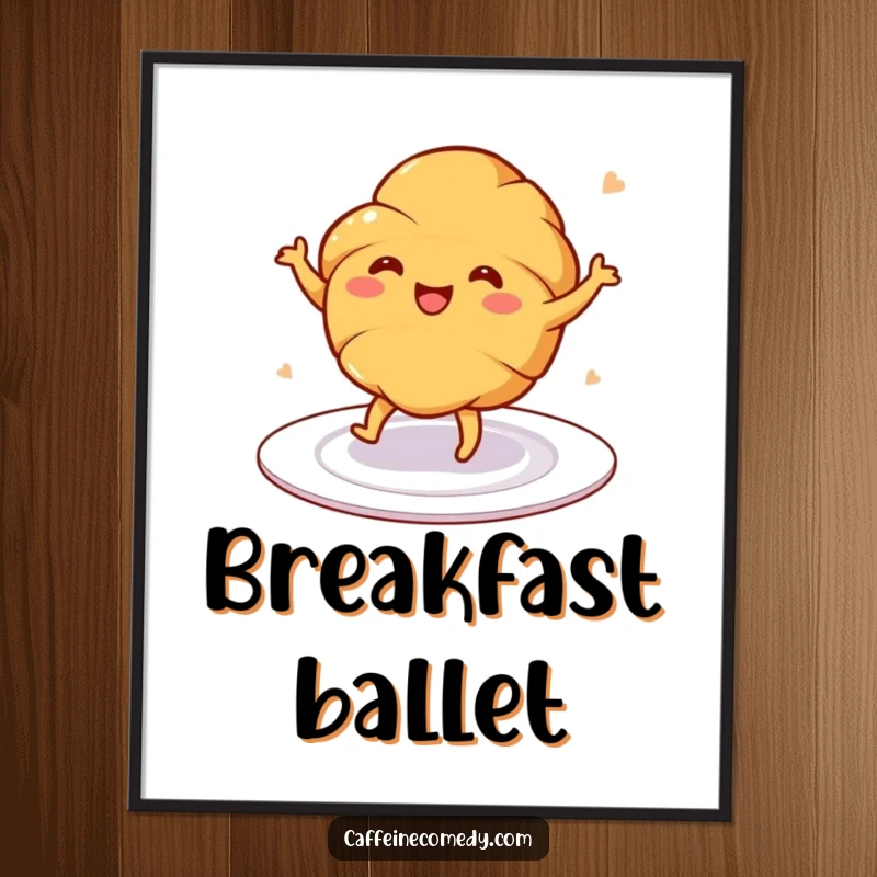 Funny poster art of a cheerful croissant dancing joyfully on a plate, perfect for kitchen or cafe decor.