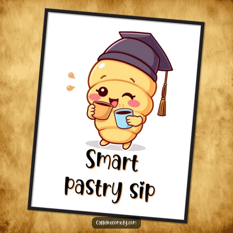Funny delighted croissant character in a graduation cap, sipping coffee, creating a whimsical and celebratory wall art.