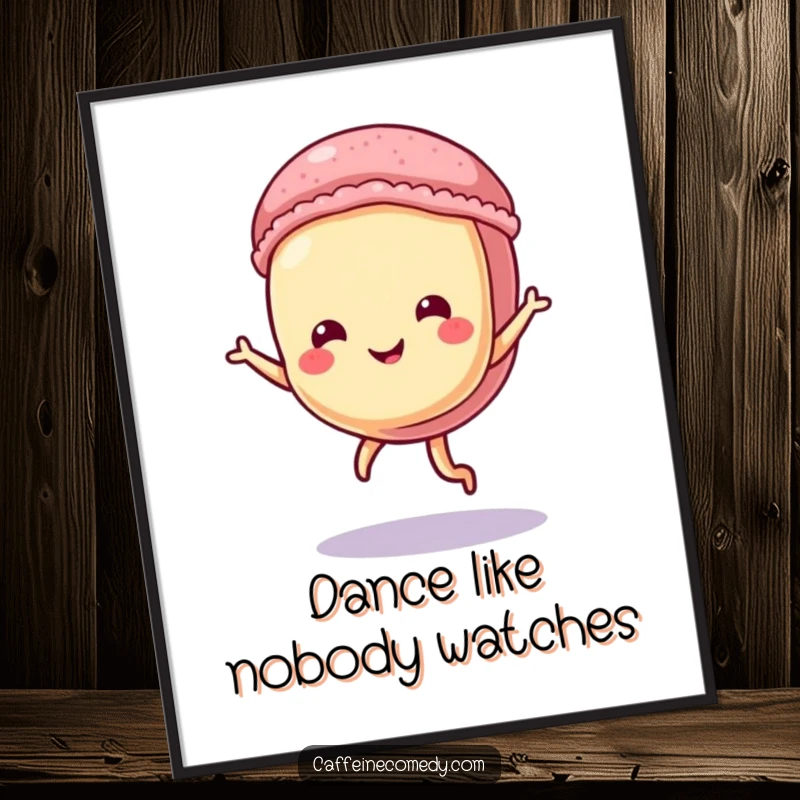 Funny Macaron Poster: A cute macaron character caught in a whimsical dance, bringing playful energy to any wall.