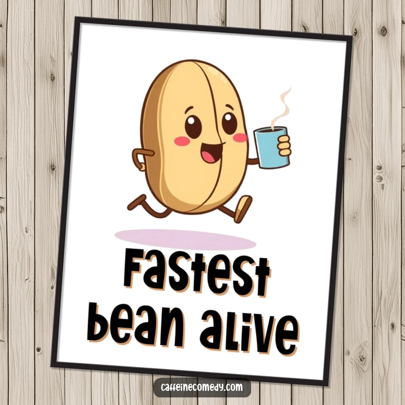 Funny Kawaii coffee bean character in mid-sprint, clutching a steaming mug, creating a lively and humorous piece of wall art.