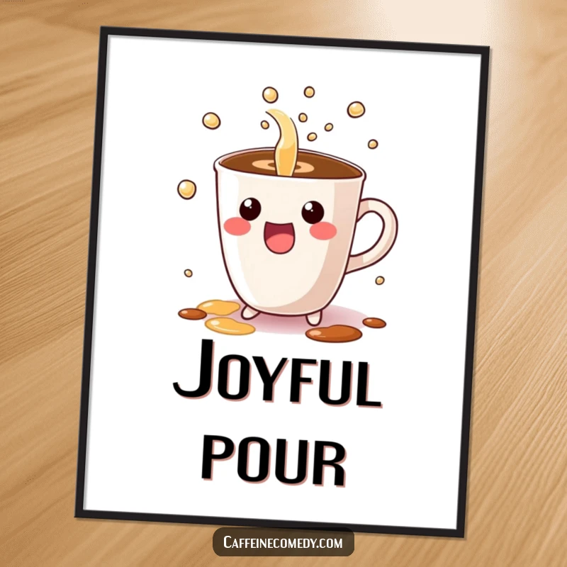 Funny poster of a Kawaii coffee cup character excitedly pouring bubbly liquid, adding cute and humorous energy to wall decor.