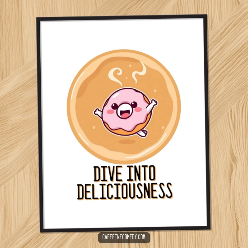 Funny poster of a smiling kawaii donut character leaping into a steaming latte, adding a sweet and humorous touch ideal for kitchens.