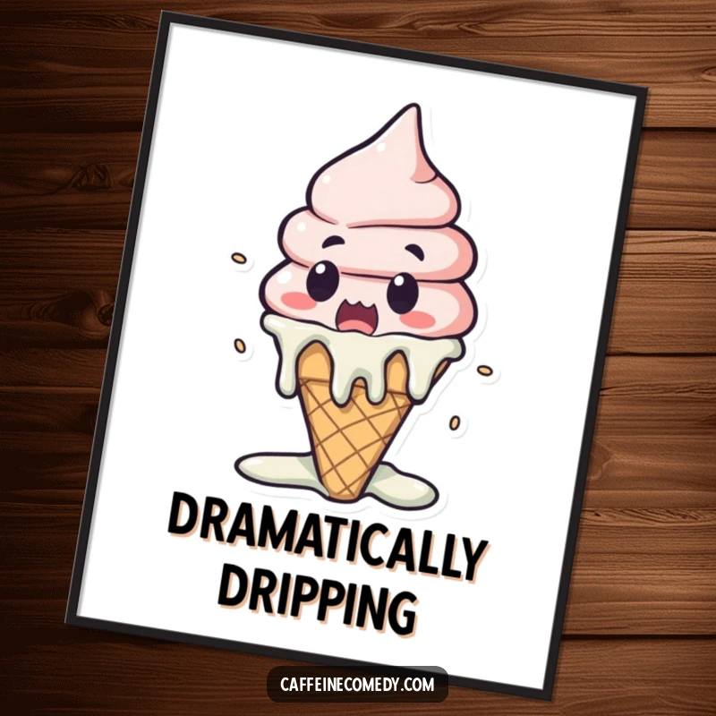 Funny Kawaii Ice Cream Melting Poster: A surprised ice cream cone melts dramatically, bringing a humorous, artistic touch to walls.