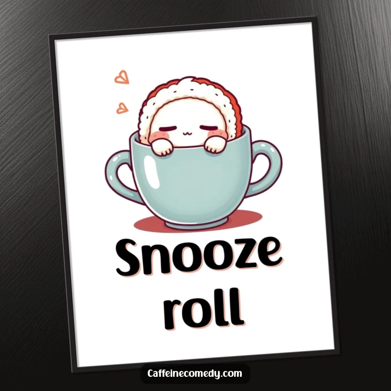 Funny Kawaii Sushi Coffee Poster: Whimsical wall art of a cute sushi character sleeping in a coffee mug, bringing calm and humor. A delightful funny gift.