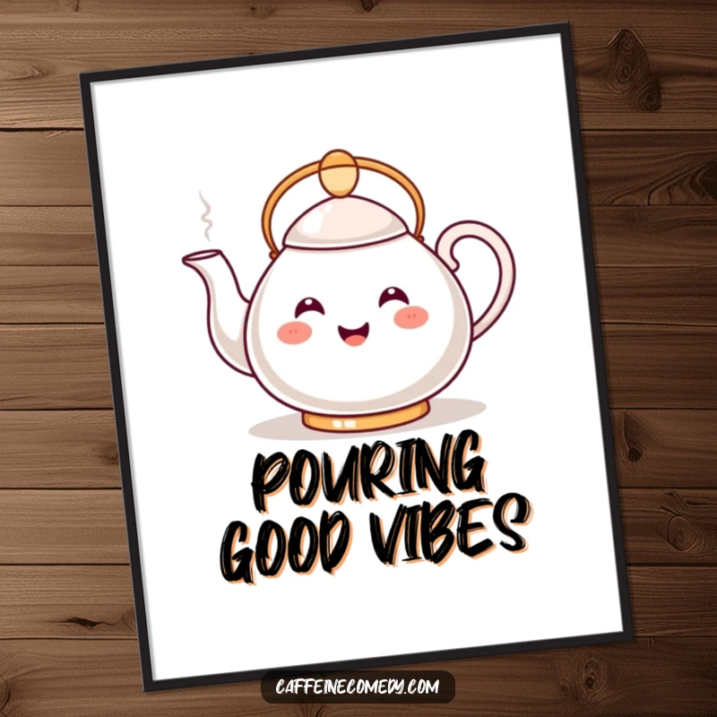 Funny Kawaii Teapot Poster: A smiling kawaii teapot happily pours a steamy stream, adding warm humor to wall decor.