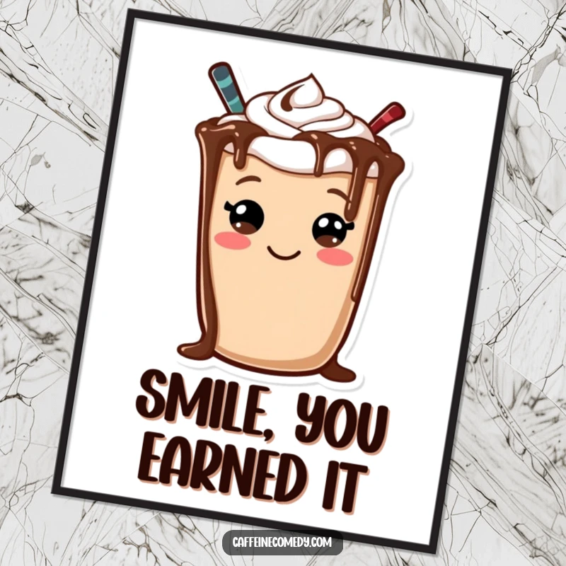 Funny poster art of a cheerful mocha character, with chocolate drizzle forming a prominent and happy smiley face.