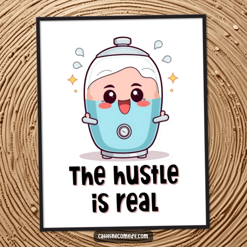 Funny poster art of a determined percolator character, actively bubbling with excitement and brimming with brewing energy.