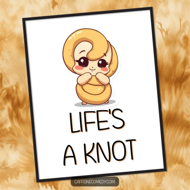 Funny pretzel poster illustrating a curious pretzel character humorously unraveling itself, symbolizing exploration and self-discovery.