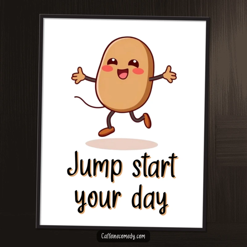 Funny kawaii coffee bean jumping rope with steam, colorful poster, energetic wall art, humorous decoration for coffee lovers.