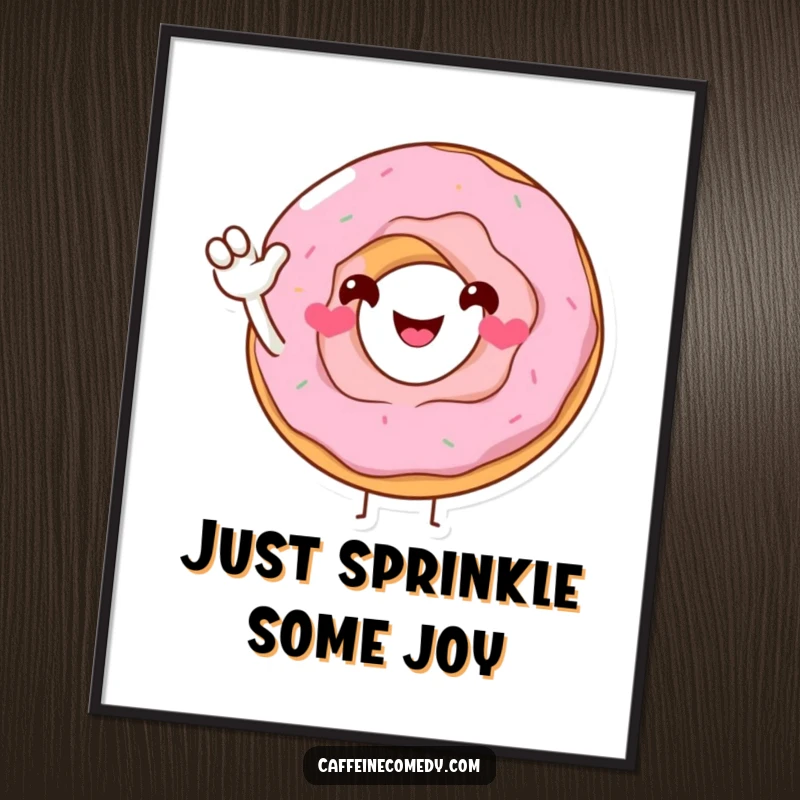 Funny Donut Poster: A vibrant depiction of a smiling donut character offering a sugary wave, bringing cheerful vibes and a humorous touch to decor.