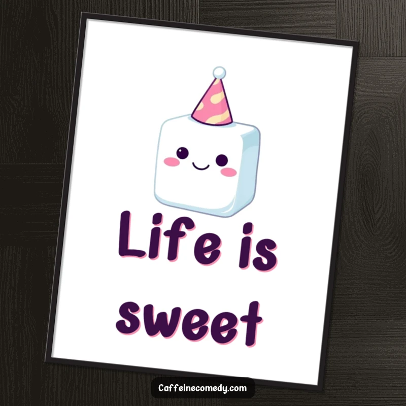Funny sugar cube wearing a tiny hat, exuding pure joy in this vibrant poster, a perfect humorous wall art.