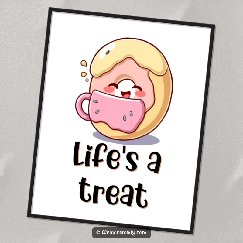 Funny donut character winking with a giant coffee cup, vibrant and humorous wall art for kitchens and cafes.