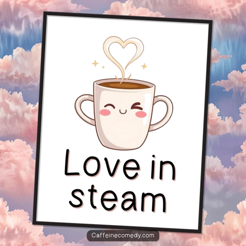 Funny poster art of a steaming coffee mug character winking, with steam forming a heart, perfect for cozy home decor.
