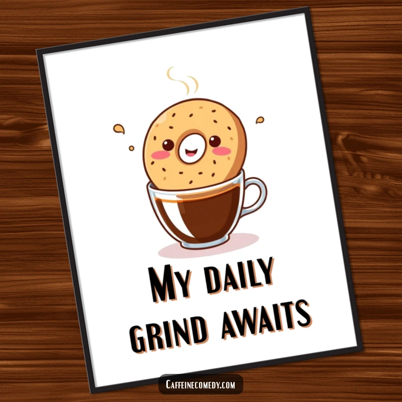 Funny, vibrant kawaii bagel joyfully bopping in a coffee cup, presented as a delightful poster for wall decoration.