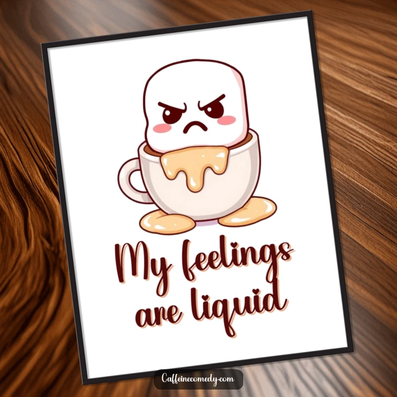 Funny, grumpy kawaii marshmallow melting with a sigh into hot chocolate, presented as cozy wall art.