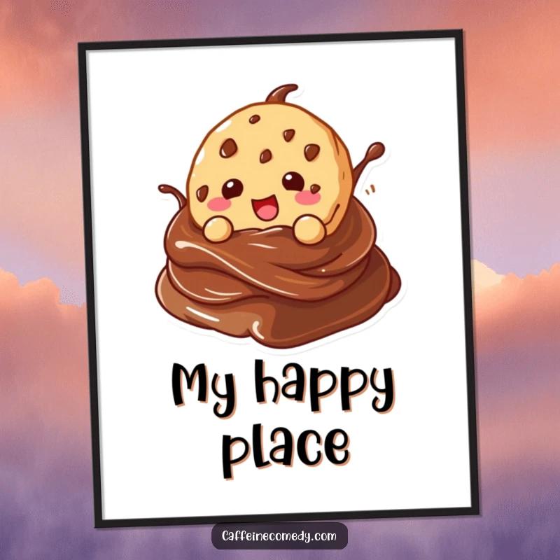 Funny artwork of a kawaii cookie character gleefully diving into a chocolate swirl, perfect for a poster.