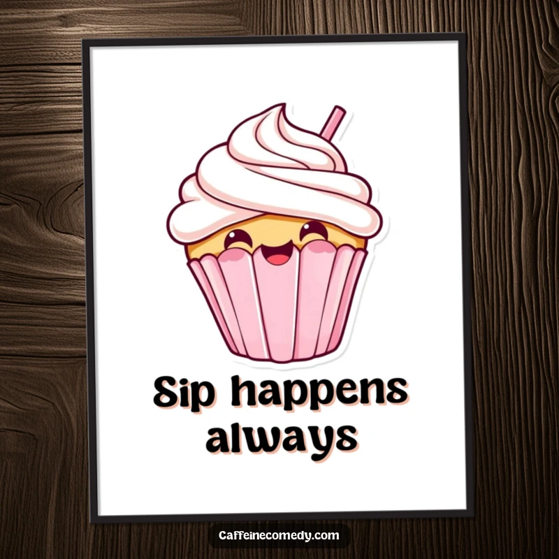 Funny kawaii cupcake taking a giant sip, cheerful poster, whimsical wall art, sweet and humorous decoration.