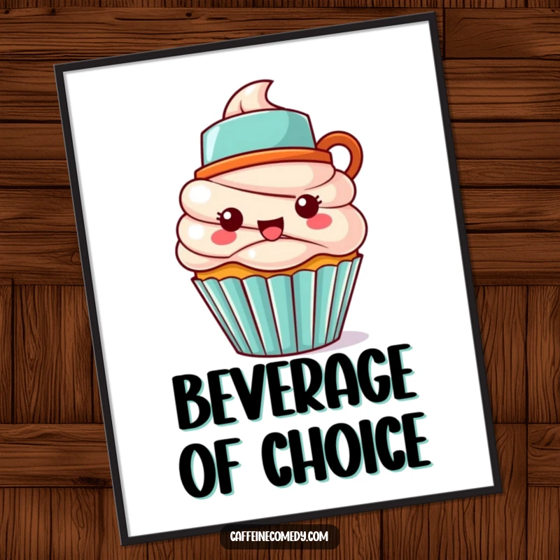Funny Kawaii cupcake character wearing a tiny coffee mug as a hat, sweet and cheerful digital art poster.