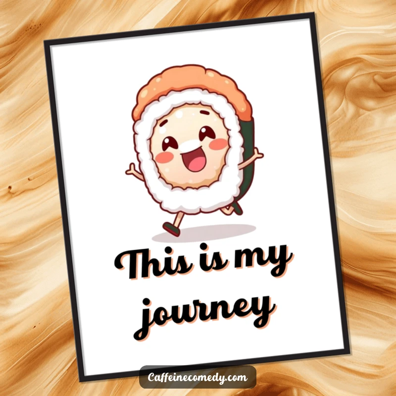 Funny sushi roll character depicted in a dynamic rolling motion, bringing laughter and a splash of color to a wall poster.