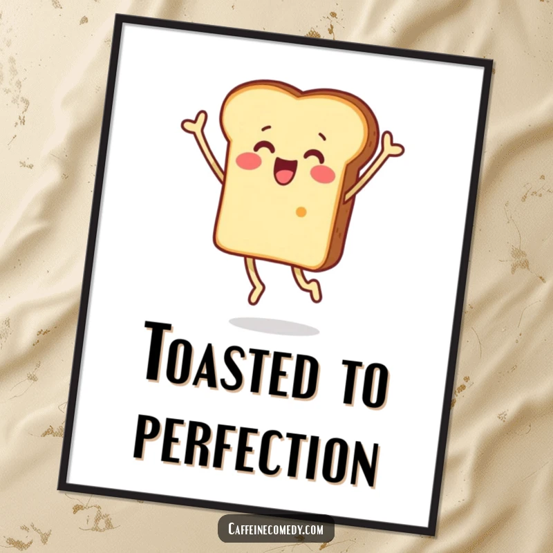 Funny poster featuring a surprised piece of toast character leaping joyfully, creating a dynamic and humorously expressive scene.