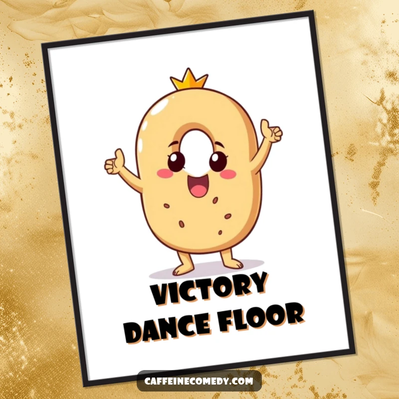 Funny poster of a beaming bagel character performing a victory dance, radiating happiness and celebratory vibes for wall art.