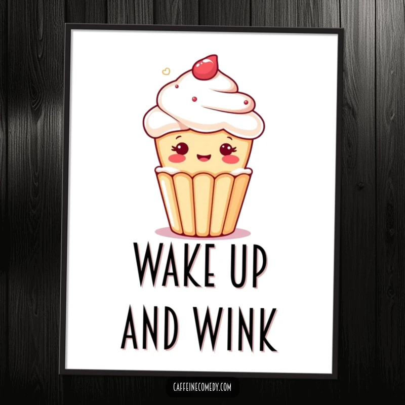 Funny artwork of a kawaii cupcake winking from a foamy coffee cup, perfect for a cheerful poster.