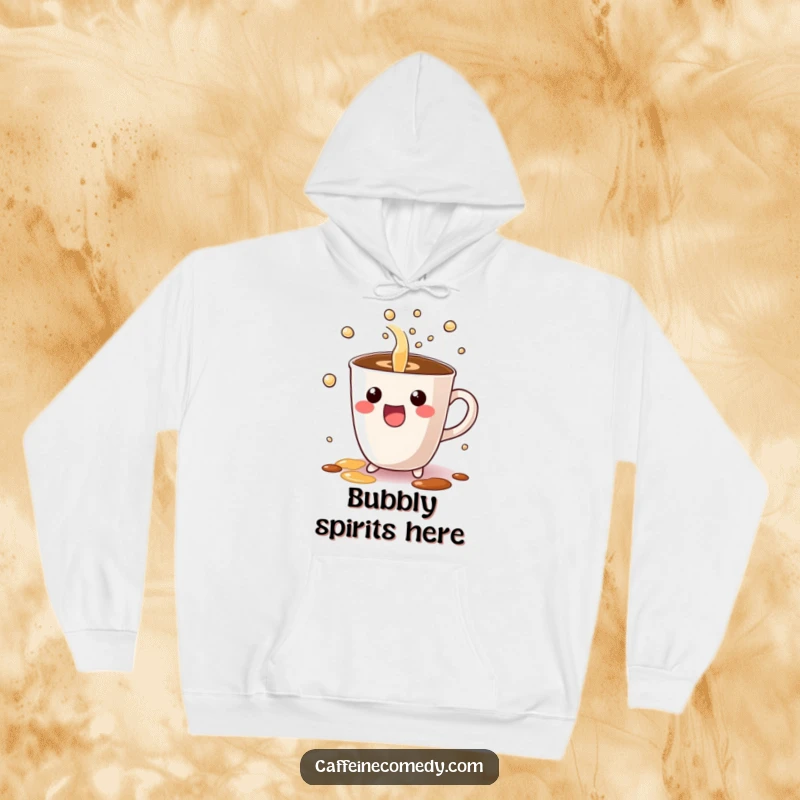 Funny hoodie featuring a cute Kawaii coffee cup character excitedly pouring bubbly liquid, perfect for cozy and cheerful wear.