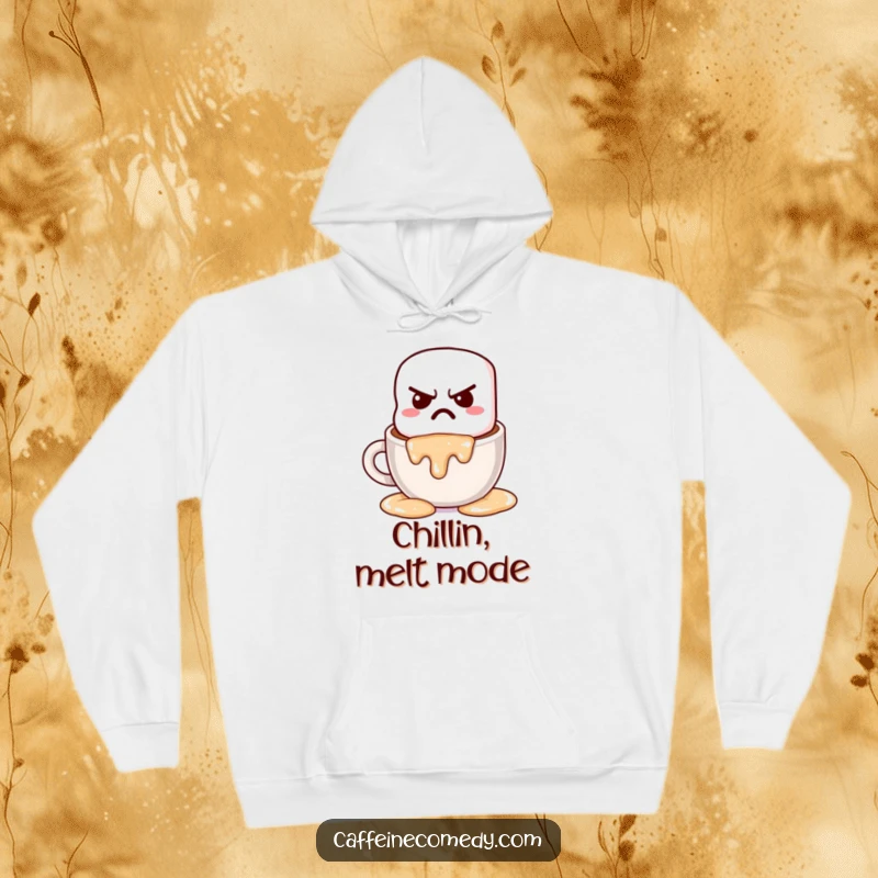 Funny, grumpy kawaii marshmallow sighing and melting into hot chocolate, featured on a warm, cozy hoodie.