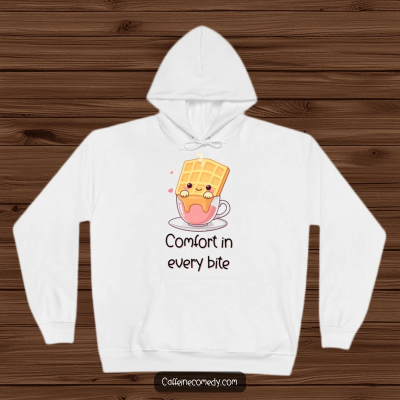 Funny kawaii waffle character happily draped over a steaming cup, on a soft and cozy hoodie.